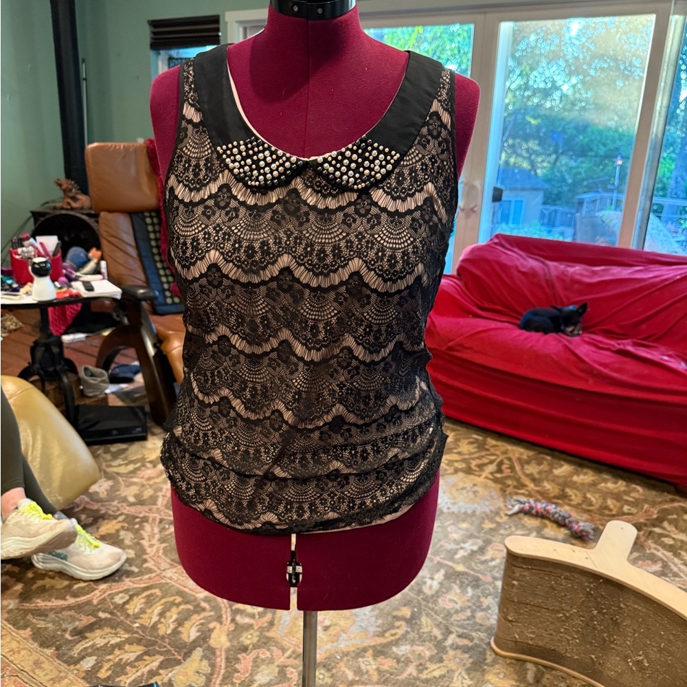 Daniel Rainn Black and Tan Lace Blouse with Pearl Studded Collar